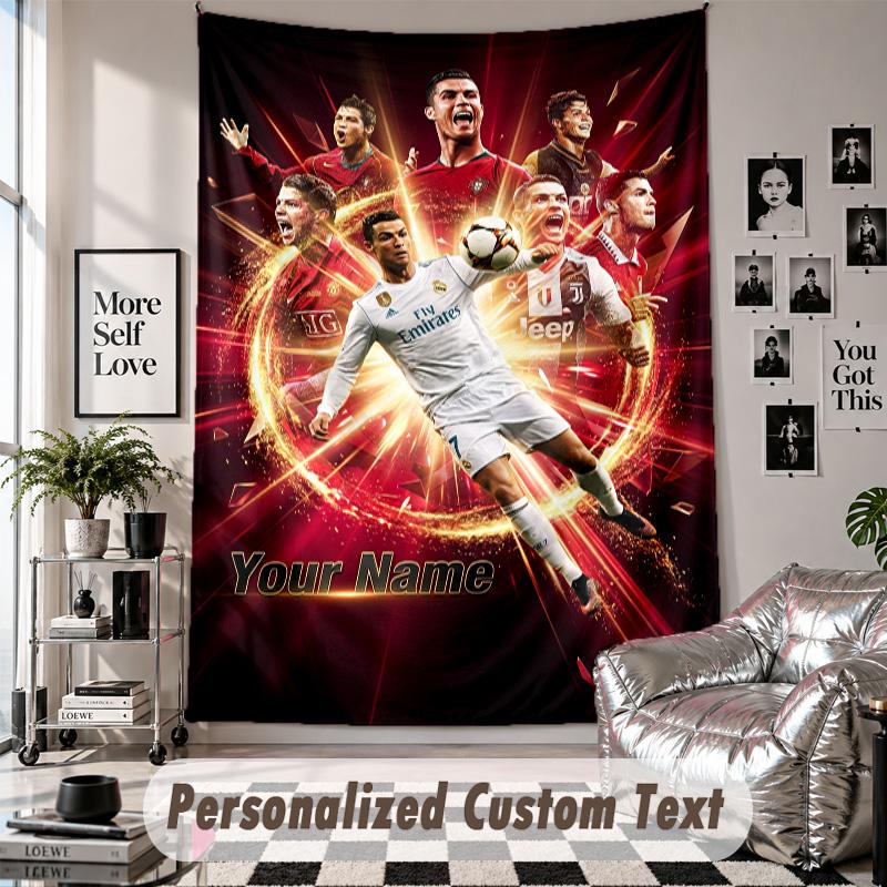Wall Hanging Tapestry With Custom Name & Text, Cristiano Ronaldo Decorative Tapestry For Bedroom