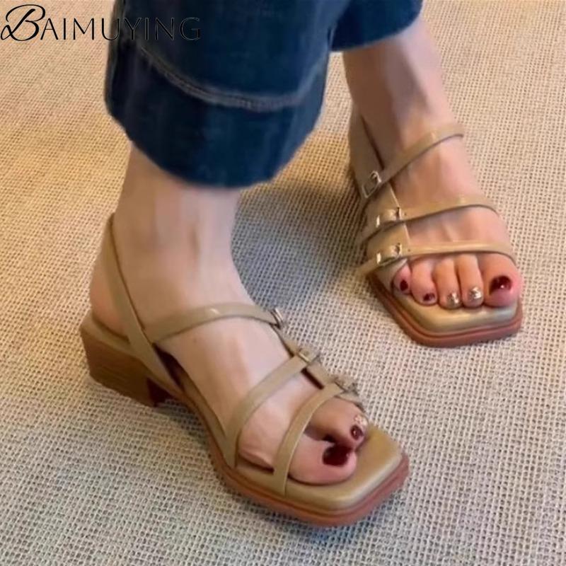Fashion Women Square Toe Buckle High Heels Shoes Woman Heeled Sandals 2025 Trend Summer Shallow Dress Slingback Pumps Soft Sole Zapatos