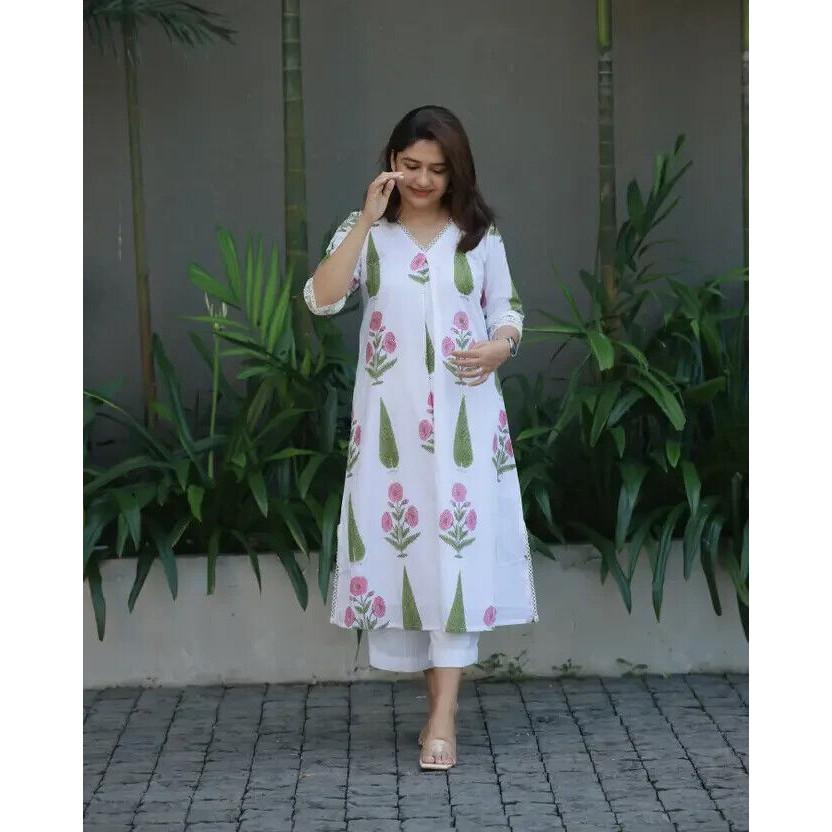 Indian Designer Cotton Rayon Kurta Pant Set Women Party Wear Top Tunic Kurti VF-20160a