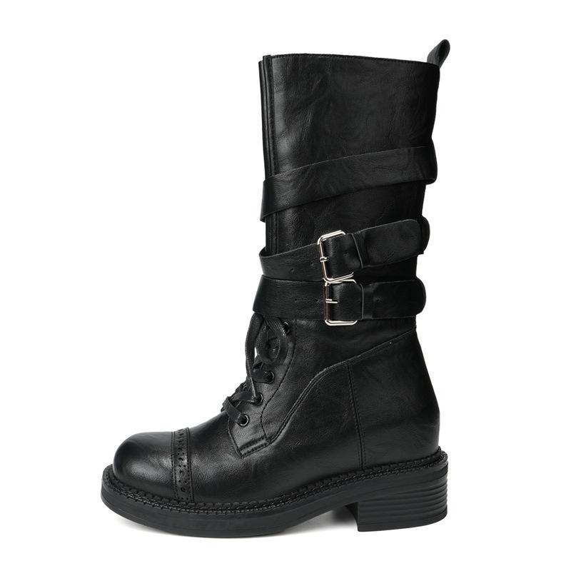 

Cowhide version~ genuine leather retro platform knight boots 2025 new versatile belt buckle lace-up medium boots Martin boots 40