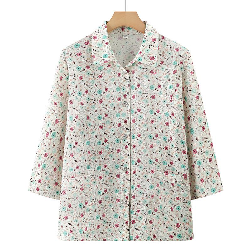 

Grandma Summer Floral Cotton Shirt - New 2026 Style for 60-70-Year-Old Women, Long-Sleeved 3XL - 120-135 lbs червоний