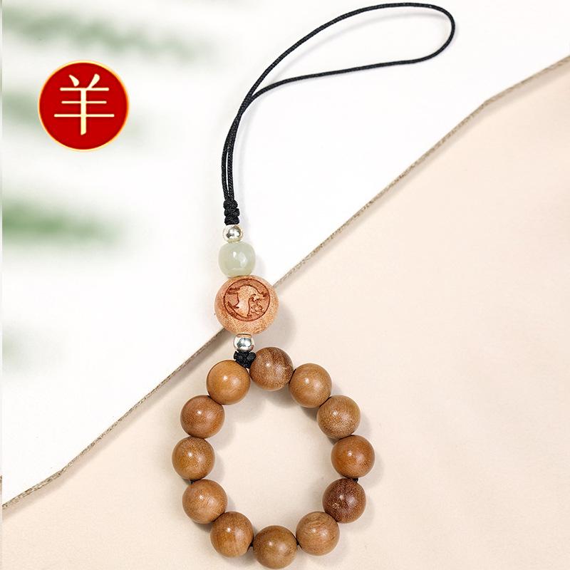 New model of 12 zodiac signs mobile phone chain for women, made of old peach wood, with old sandalwood mobile phone case lanyard and keychain