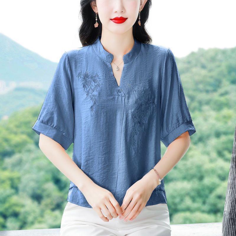 Damen-Mischgewebe-Bluse - Stehkragen Blumenstickerei Halbsleeve Top