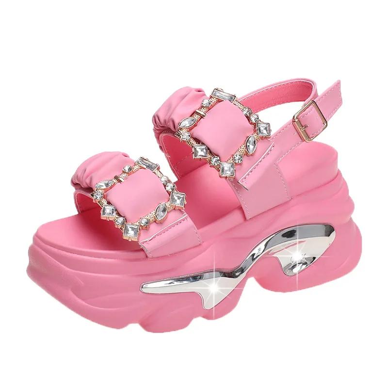 Female Sandal High Heels Black Shoes for Women Muffins Shoe Buckle Strap 2025 Summer Open Toe Girls Rhinestone High-heeled Beige