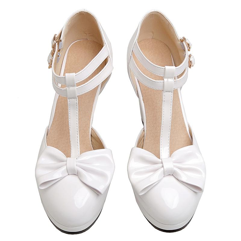 Blockklack Mary Janes Skor Dam Sandaler Söt Rosettgul Röd Rosa Vit Klack Bröllopsskor Dam Pumps Stor Storlek