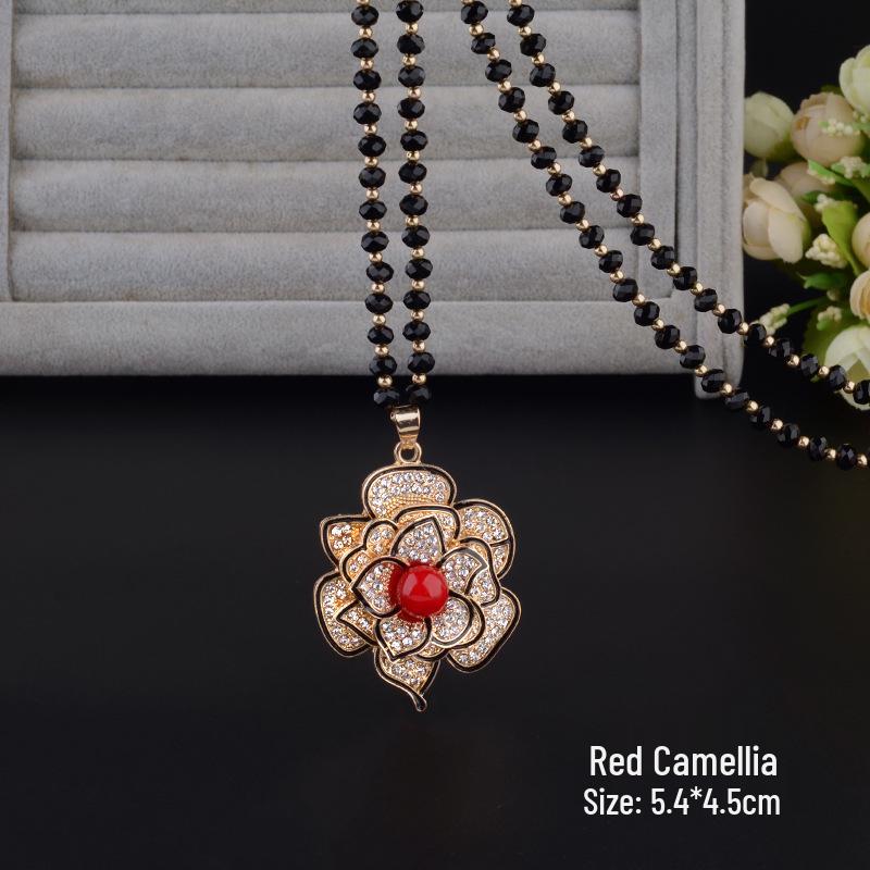Elegant Women’s Crystal Flower Pendant Necklace - Versatile Autumn/Winter Sweater Chain Accessory