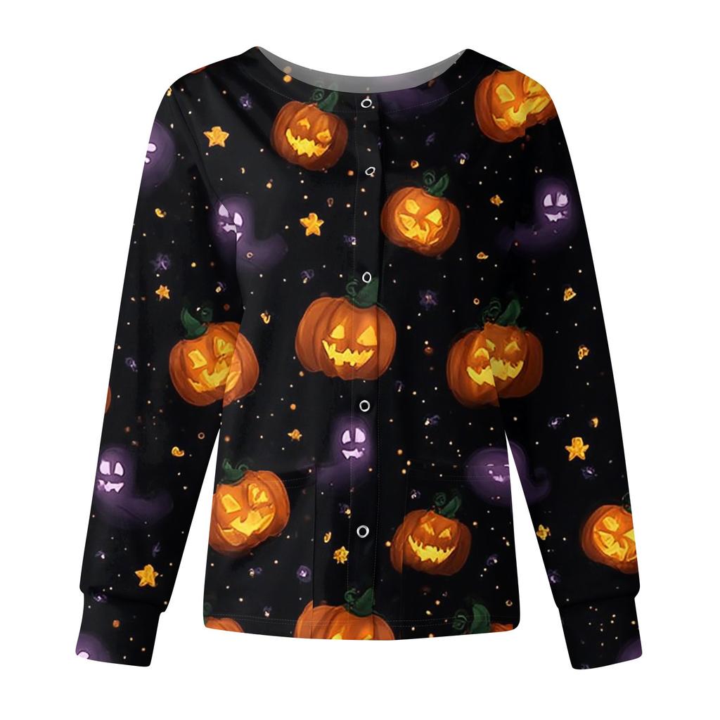 Women's Casual Fashion Long Sleeve Standing Collar Single Breasted Halloween Printed Workwear Jacket Tops