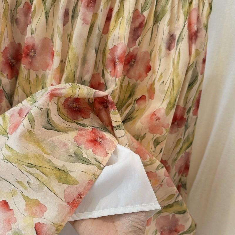 Qooth Sweet Pleated Floral Maxi Skirt with Pockets Full Flared Hem QT2905