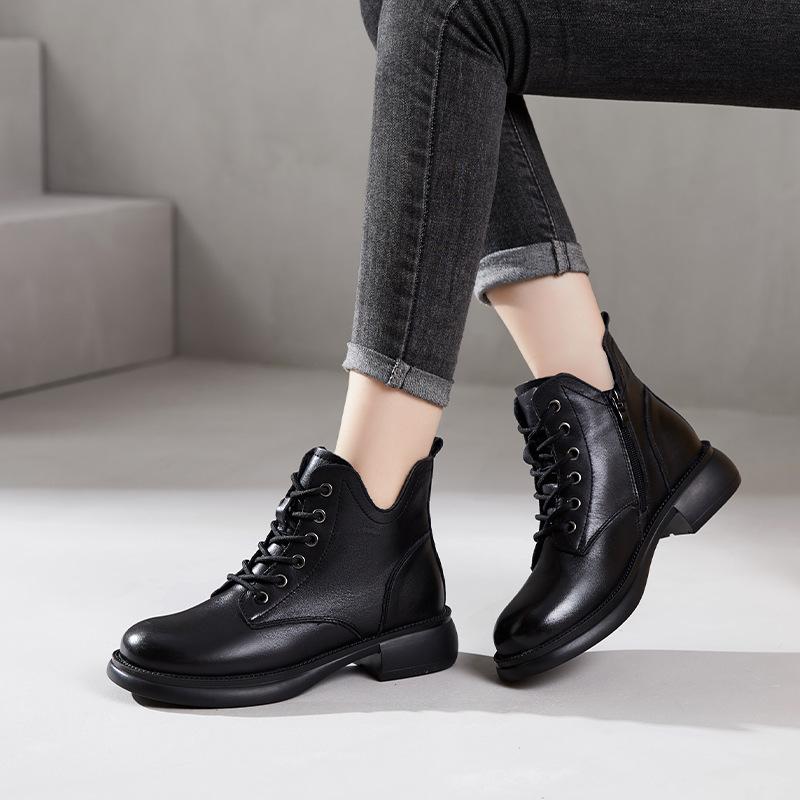 First Layer Cowhide Martin Boots Women's 2025 Autumn and Winter New Velvet Leather Retro V-mouth Short Women's Boots