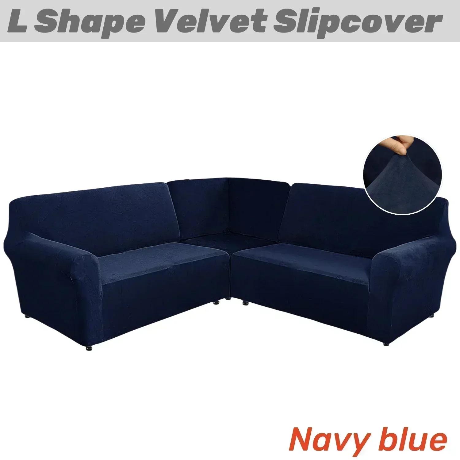 Fluweel 3 Delen L-vormige Bankhoezen Modulaire Bank Hoekbankhoes Pluche Stretch 5-zits Hoekbank Beschermhoes Bankbeschermer 5 Seater Sofa Cover