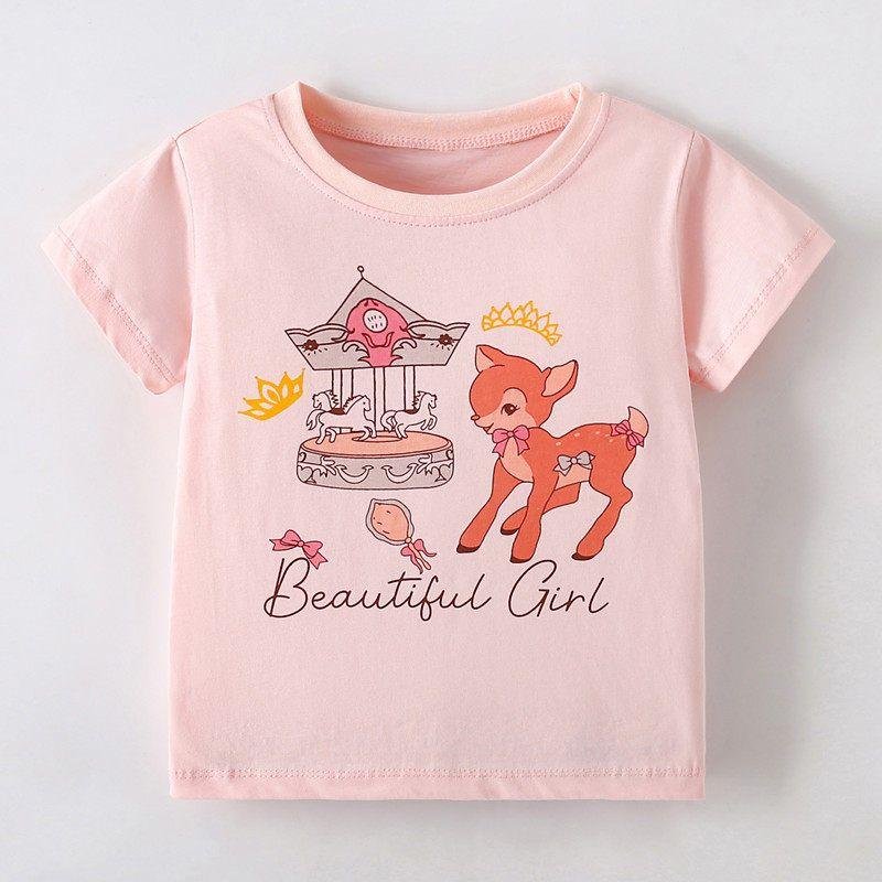 2025 New Summer Clothing for Girls, Cartoon Deer Pink Short-Sleeved T-Shirt, Baby Pure Cotton Half-Sleeved Bottoming Shirt 8