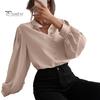 Women Shirt Stand Collar Lantern Long Sleeve Single Breasted Shirt Tops Solid Color Loose Fit Casual Shirt
