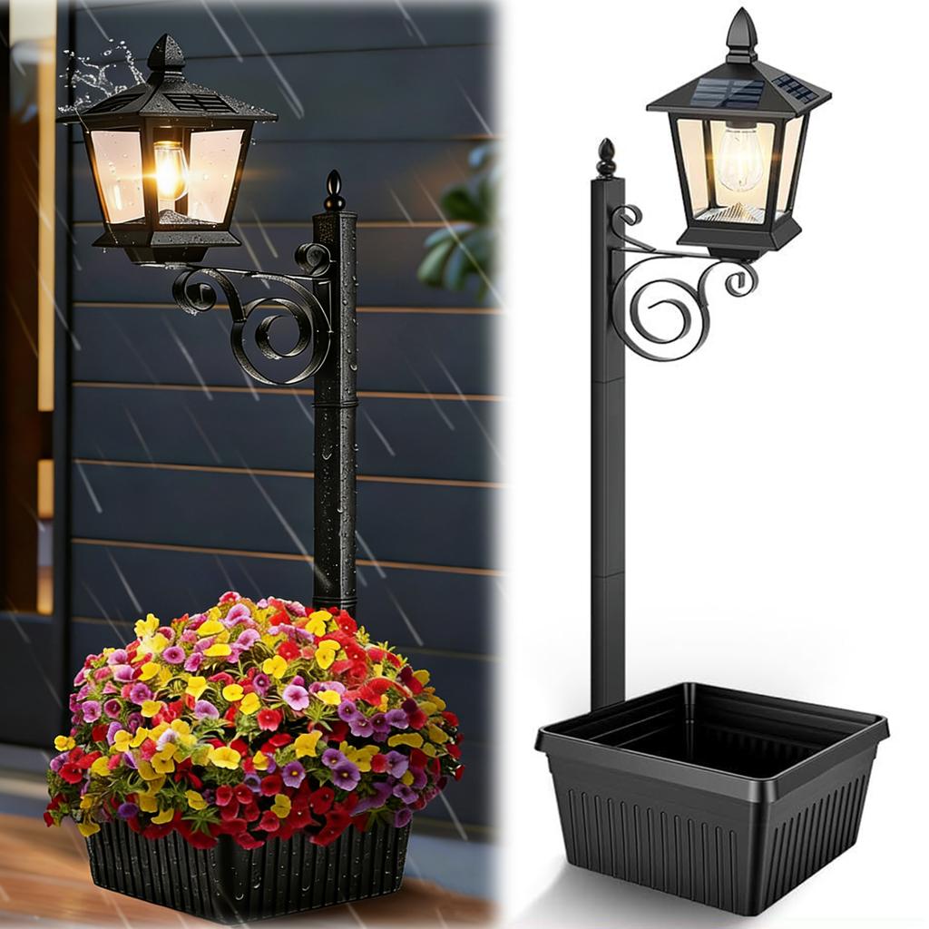 2 in 1 Solar Flower Pot Light 2-in-1 Outdoor Planter Floor Lamp Warm White Waterproof IP54 Iron Lantern for Garden Patio Porch