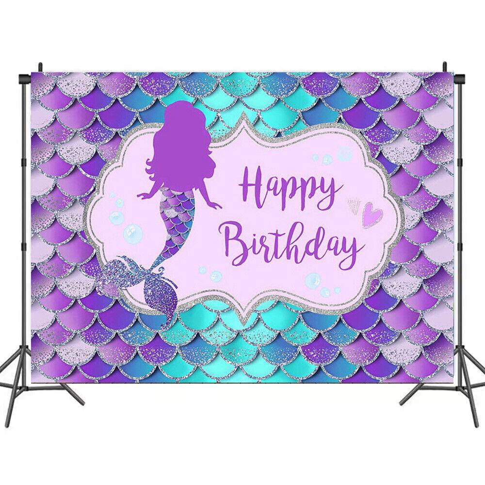 Little Mermaid Backdrop Happy Birthday Kids Photo Background Banner Party Decor