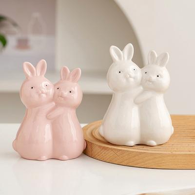 Easter Hugging Rabbit Ceramics Figurine Miniature Pink White Couple Bunny Statue Home Office Desktop Decoration Ornament