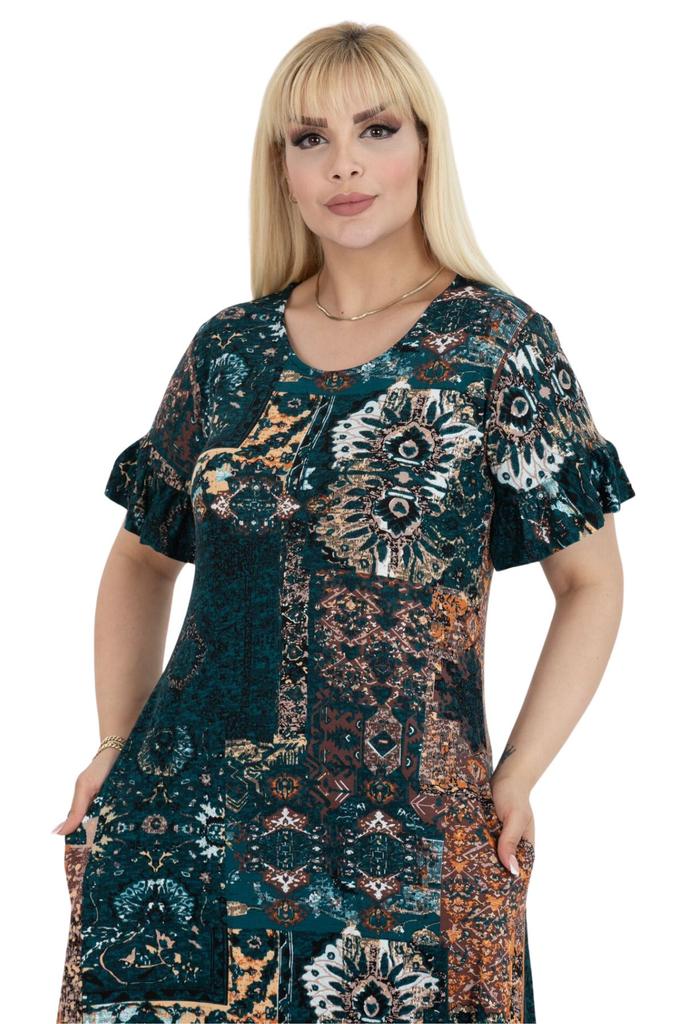 Women's Big Size Dress Petrol Ethnic Pattern Pocket Ruffle Short Sleeve Midi Dress