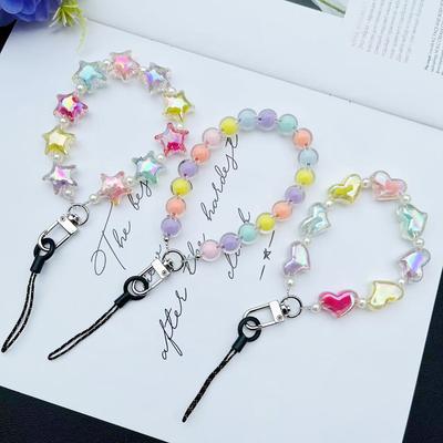 Candy Color Universal Phone Lanyard Heart Beaded Hand Chain for Women Five-Pointed Star Wrist Chain Compatible with Huawei Apple