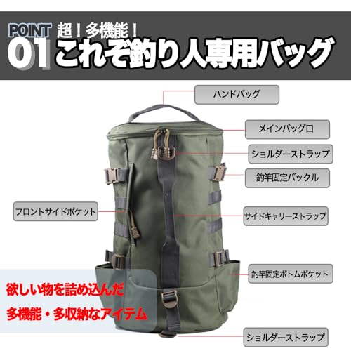 GRmkt Fishing Tackle Backpack, 30L, Multi-functional, Portable, Compact, Lightweight, 3-Way, Handbag, Shoulder Bag, Fishing Rod Storage, Black