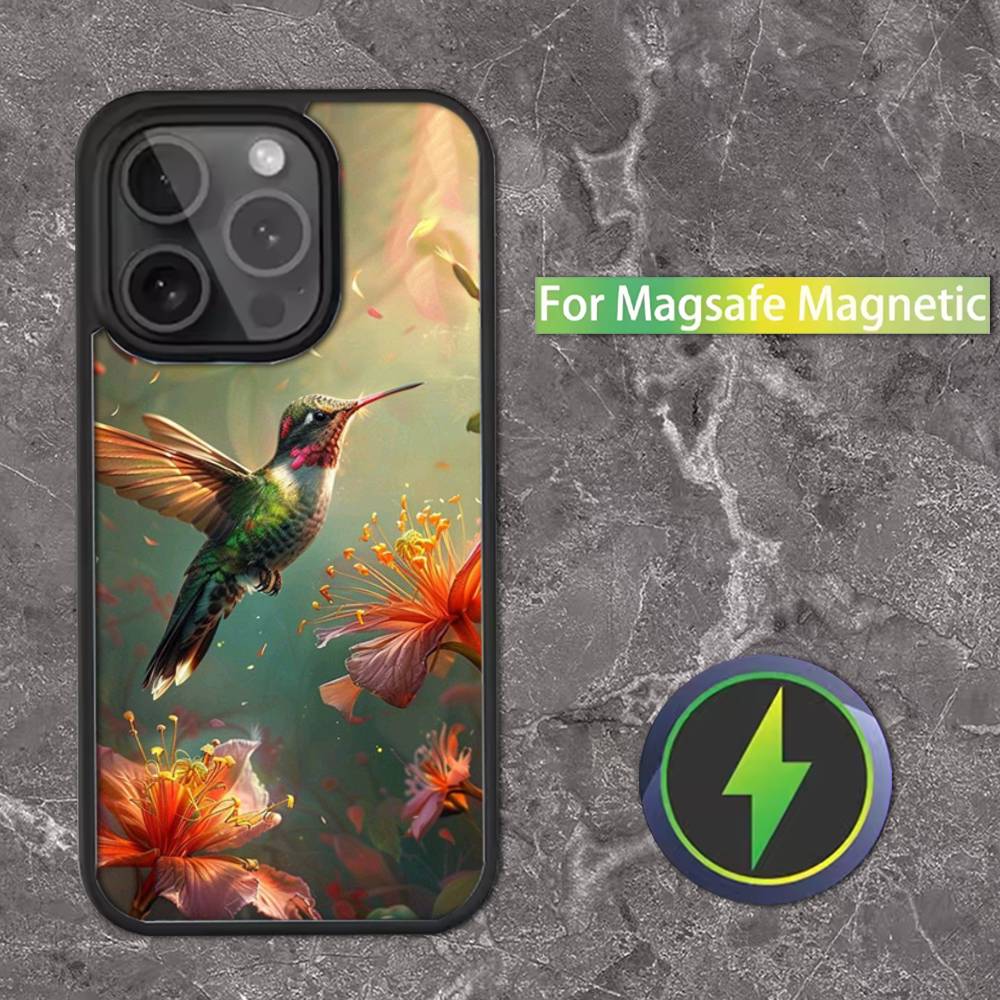 Hummingbird and Flowers Phone Case For iPhone 17,16,15,14,13,12,11,Pro,Max,Plus,Mini,SE Magsafe Magnetic Wireless Charging