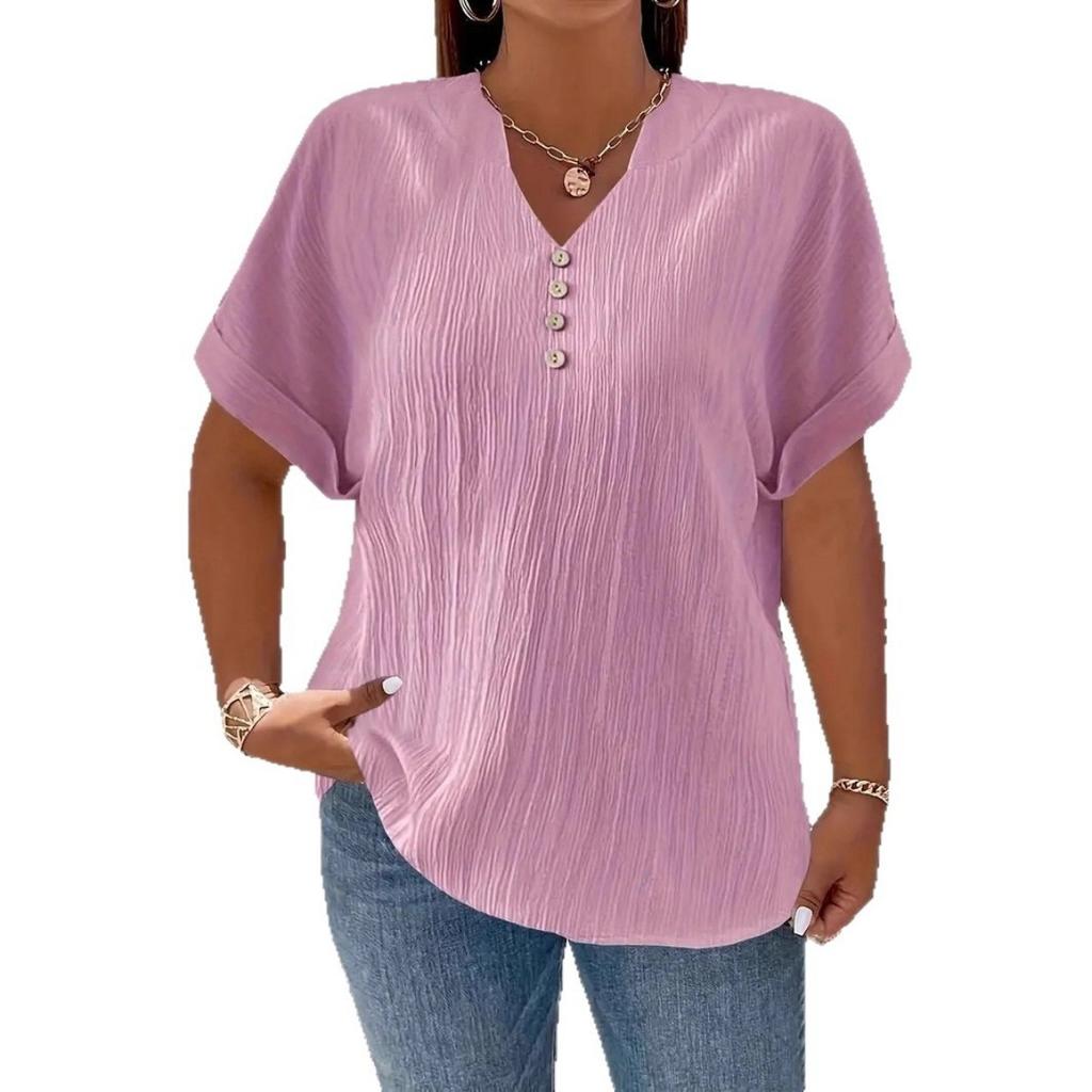 Summer Plus Size Women's Casual T-shirt, European American Style V-neck Short Sleeve Top