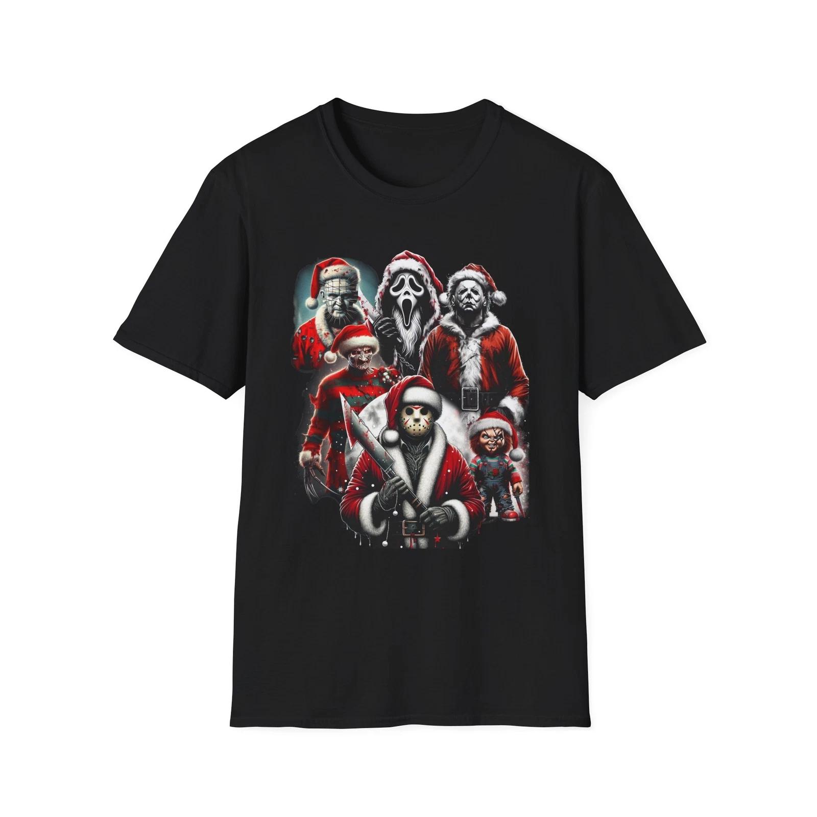 Horror Movie Characters Christmas T-Shirt – Festive Frights Graphic Tee XXL