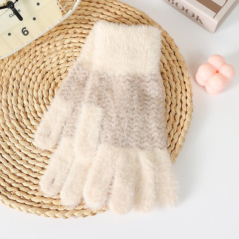 Jacquard Knitted Gloves for Women, Cute In Winter, Thickened and Warm Five-finger Wool, Outdoor Riding In Autumn and Winter, Cold-proof