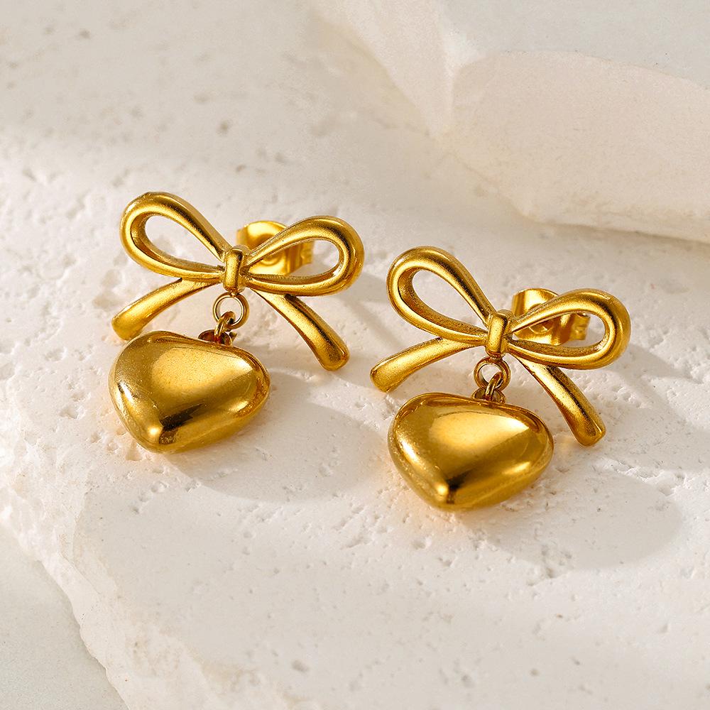 18K Gold Stainless Steel Bow Heart Pendant Earrings - Women s Jewelry