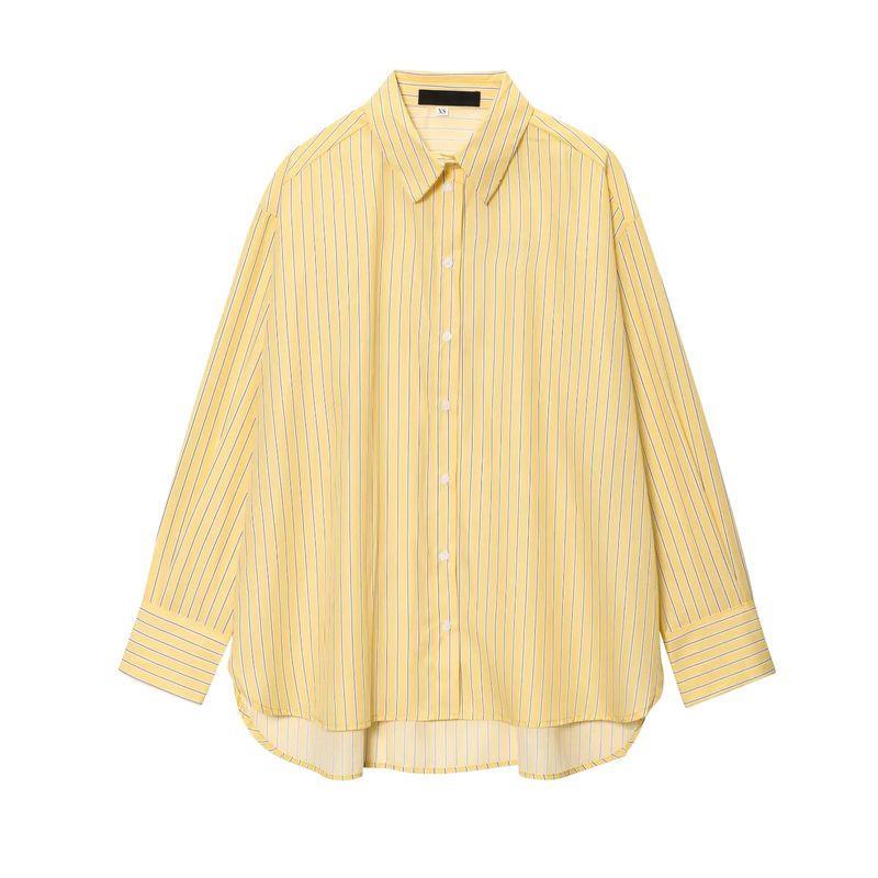 

Summer New Product Women s Clothes French Style Casual Loose Yellow Stripe Long Sleeves Lapel Mid-Length Shirt Tops Yellow L