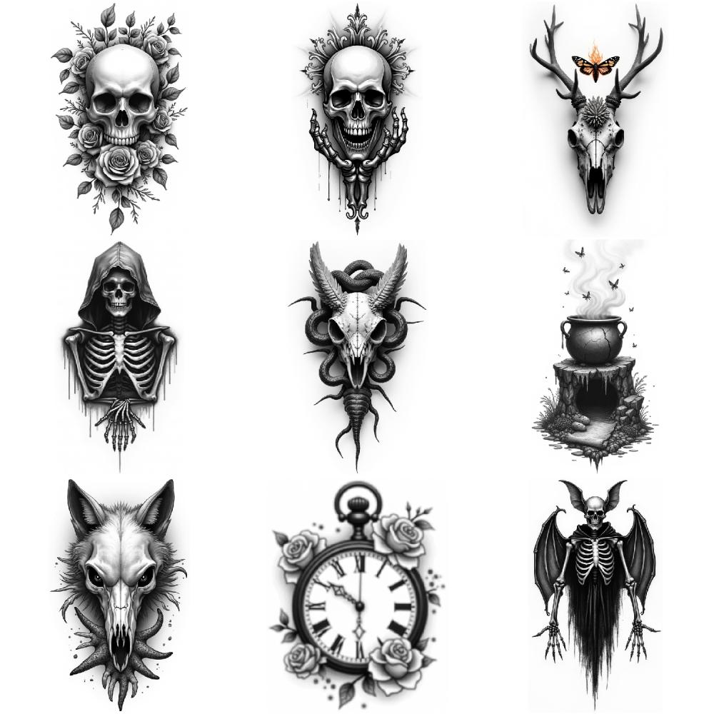 3pcs Temporary Tattoo Black And Grey Realism Skeleton With Bat Wings Wolf Skull Skull With Roses For Women Thighs Men