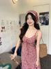2026 Women's Red Plaid Open Back Strappy Summer Dress with Slim Waist and Pastoral Style Long Skirt