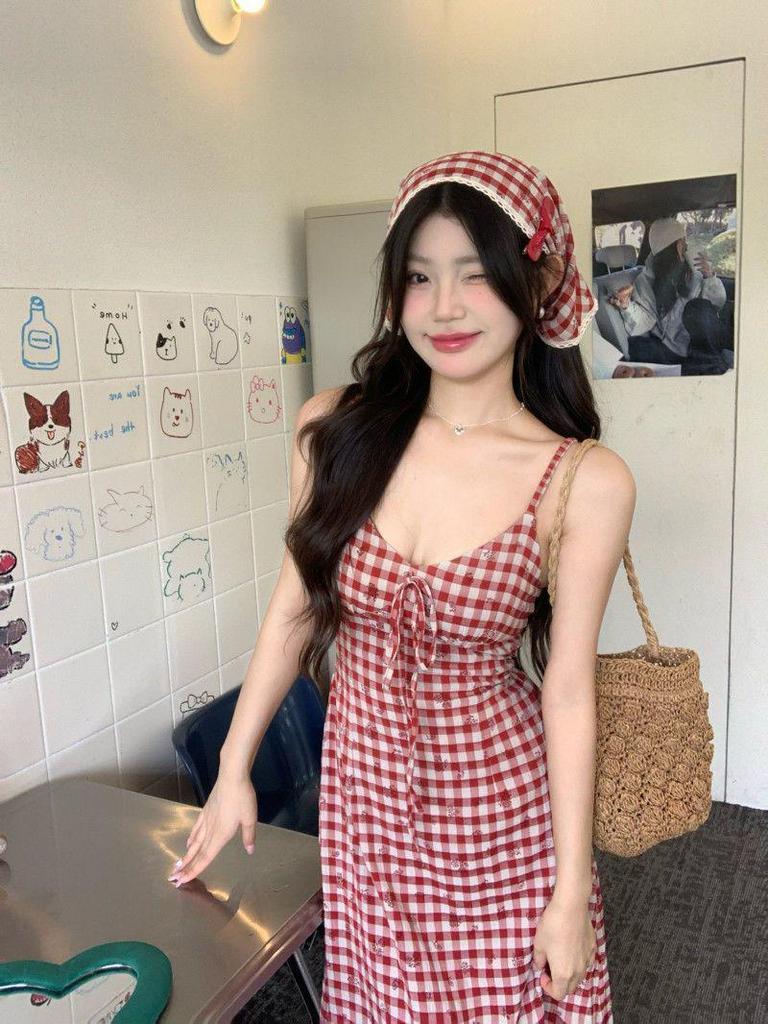 2026 Women's Red Plaid Open Back Strappy Summer Dress with Slim Waist and Pastoral Style Long Skirt