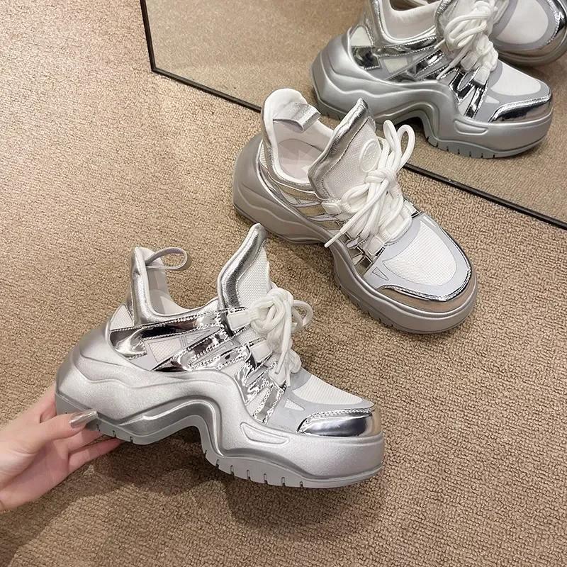 Chunky Sneakers for Women Spring Autumn New Thick Bottom Vulcanized Shoes Woman Mesh Breathable Lace Up Platform Sneakers2024