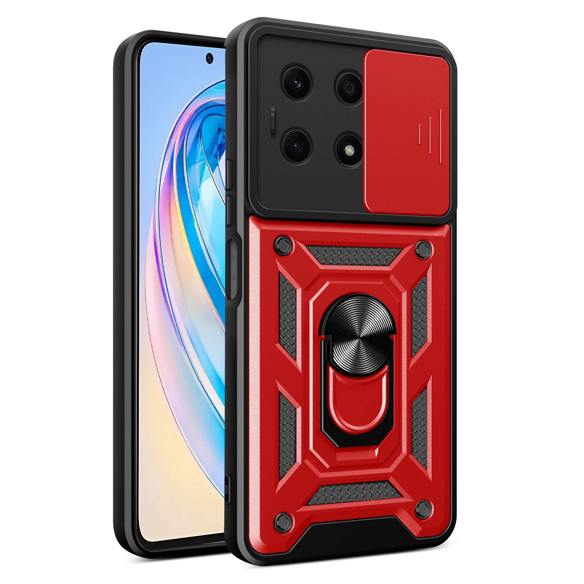 

For Honor X8a 4G Shockproof Kickstand PC+TPU Phone Case Slide Lens Protection Cover Red