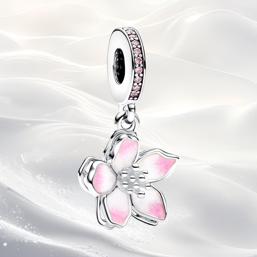 Cherry Blossom Flower Clip Charm Beads Dangle Fit Original Snake Silver Bracelet Necklace Bead For Diy Jewelry Women Gift