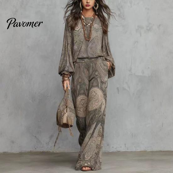 High Waisted Wide Leg Pants Boho Print 2 Piece Sets for Women, Casual Long Sleeve Top Comfortable Loose Fit Clothes Matching Sets, Summer Travel