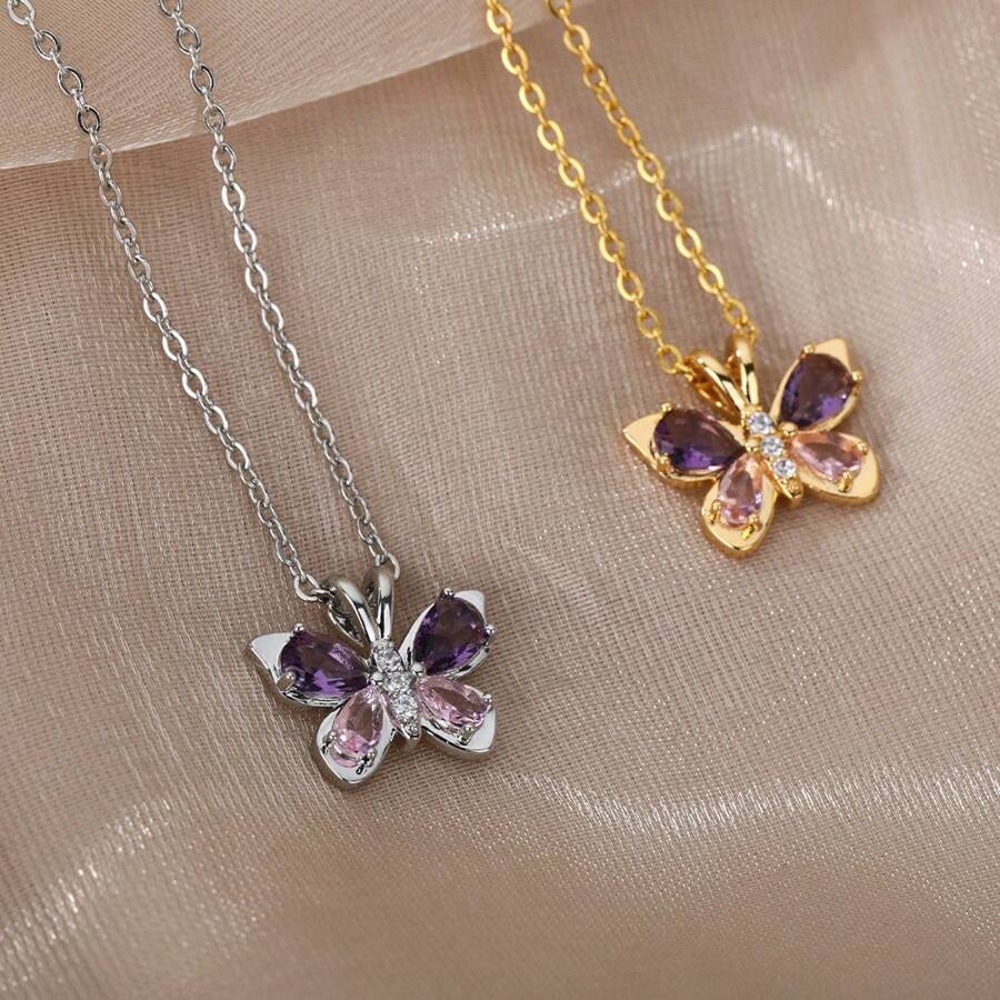 1pc Women's Cute Butterfly Necklace Stainless Steel Crystal Zircon Simple Suitable for Party Daily Wear Romantic Collar Necklace