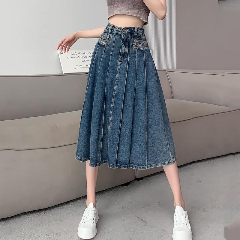 2023 Summer Retro Pleated Denim Midi Skirt: Women's High Waist A-line Design