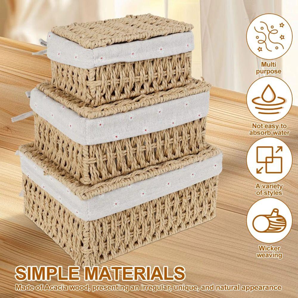 Rustic Hand Woven Wicker Storage Baskets Household Hollow Out Decorative Bins Rectangular Bohemia Laundry Hamper Desk Decoration