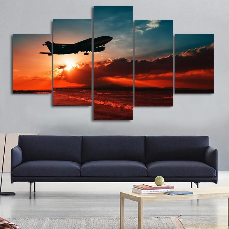 Modern 5 Pieces Airplane Poster Canvas Painting Landscape Sunset Backlight Lawn Wall Art Pictures for Living Room Decor No Frame