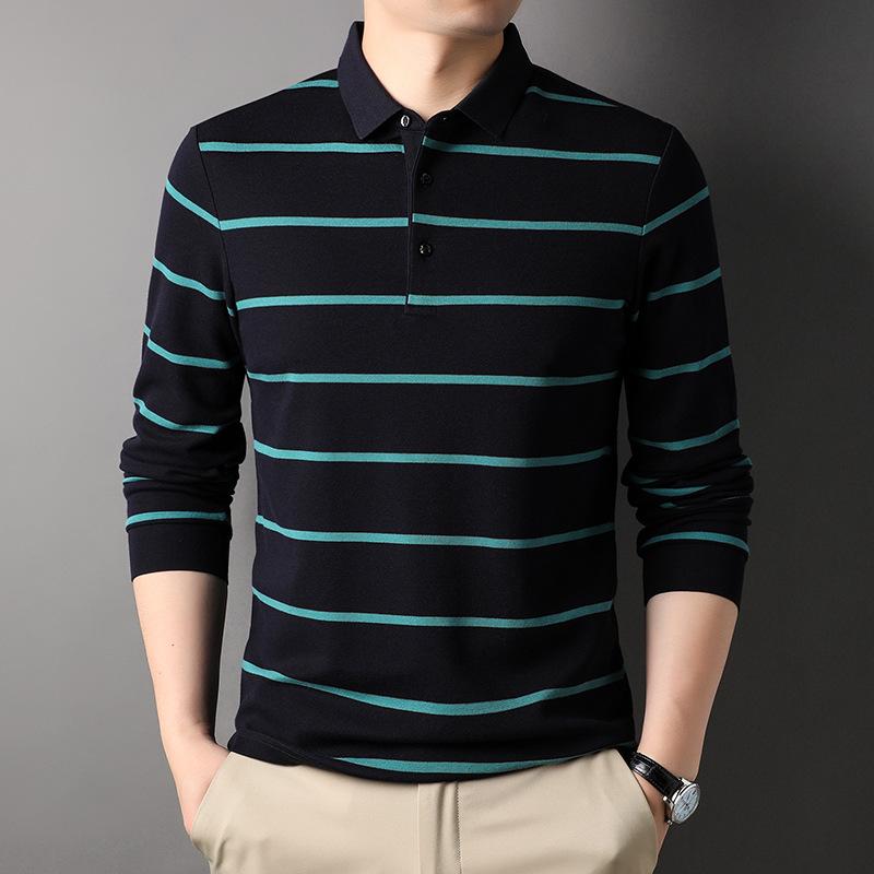 Automne Nouveau Polo à Manches Longues Décontracté à Revers pour Homme T-shirt en Coton Rayé Teint en Fil pour Homme XXL black