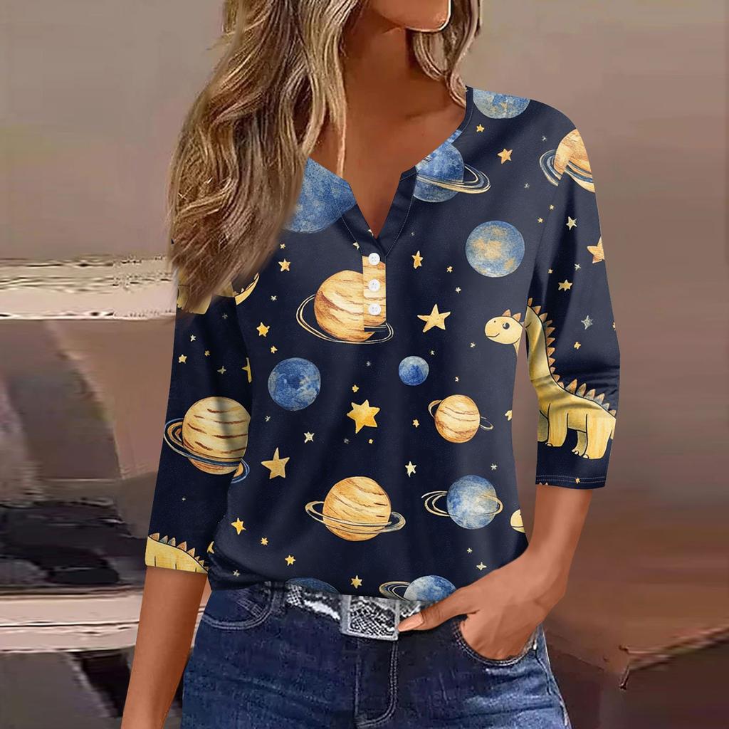 Women's Fashion Button V-Neck Seven Sleeve Cute Animal Print Casual Top