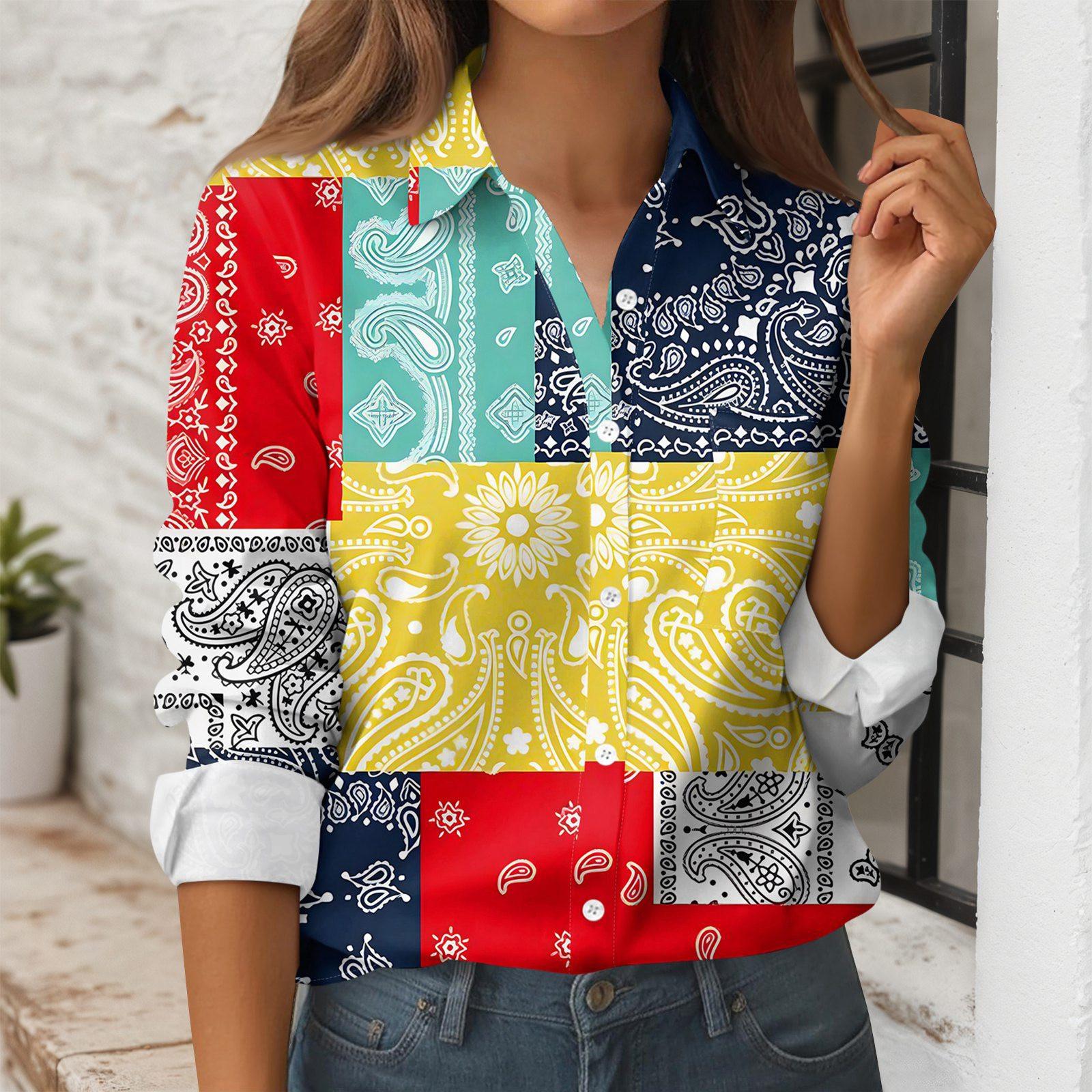 

Women s Button Down Prints Shirt Long Sleeve Shirt Business Work Tops Casual With Pockets Jacket XL жовтий