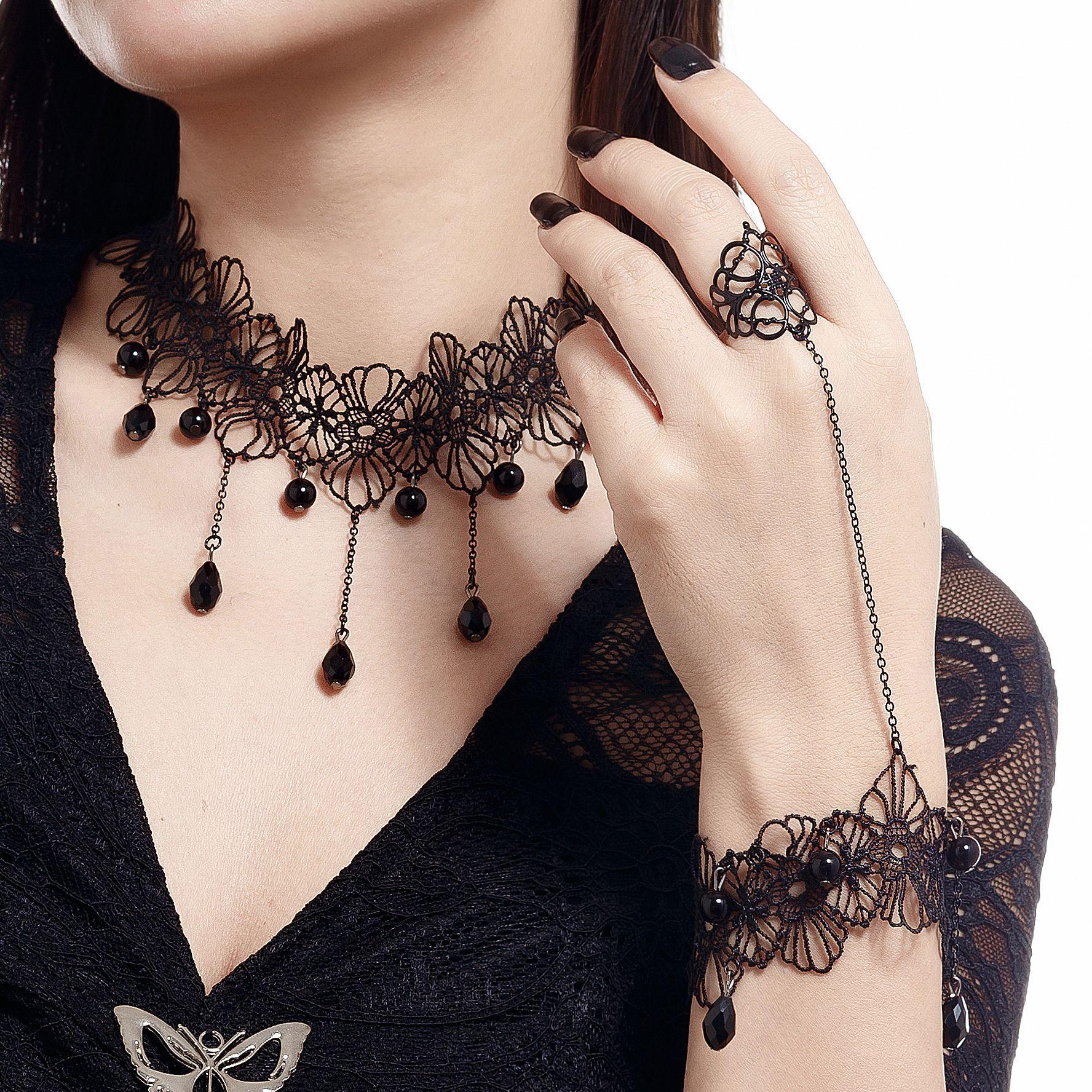 

Sexy Sweet Black Lace Collar Necklace, Gothic Dark Crystal Tassel Finger Bracelet