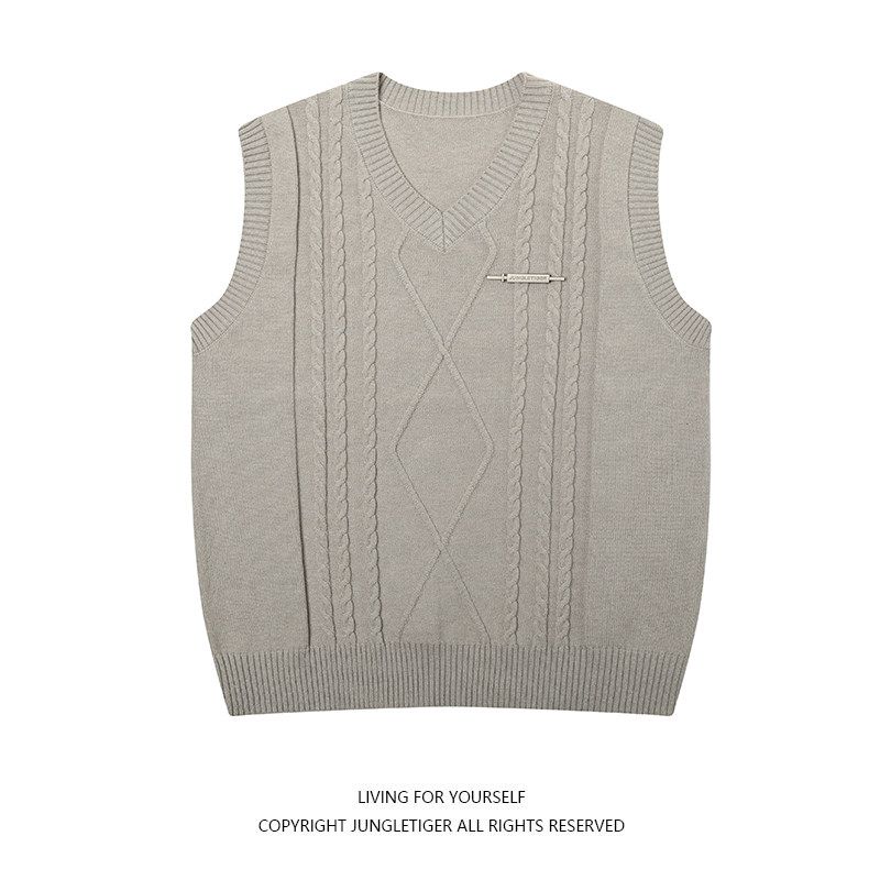 Jungle Tiger Homemade Brooch V-neck Twist Vest Vest Men and Women Lazy Retro Stacked Knitted Sleeveless Sweater