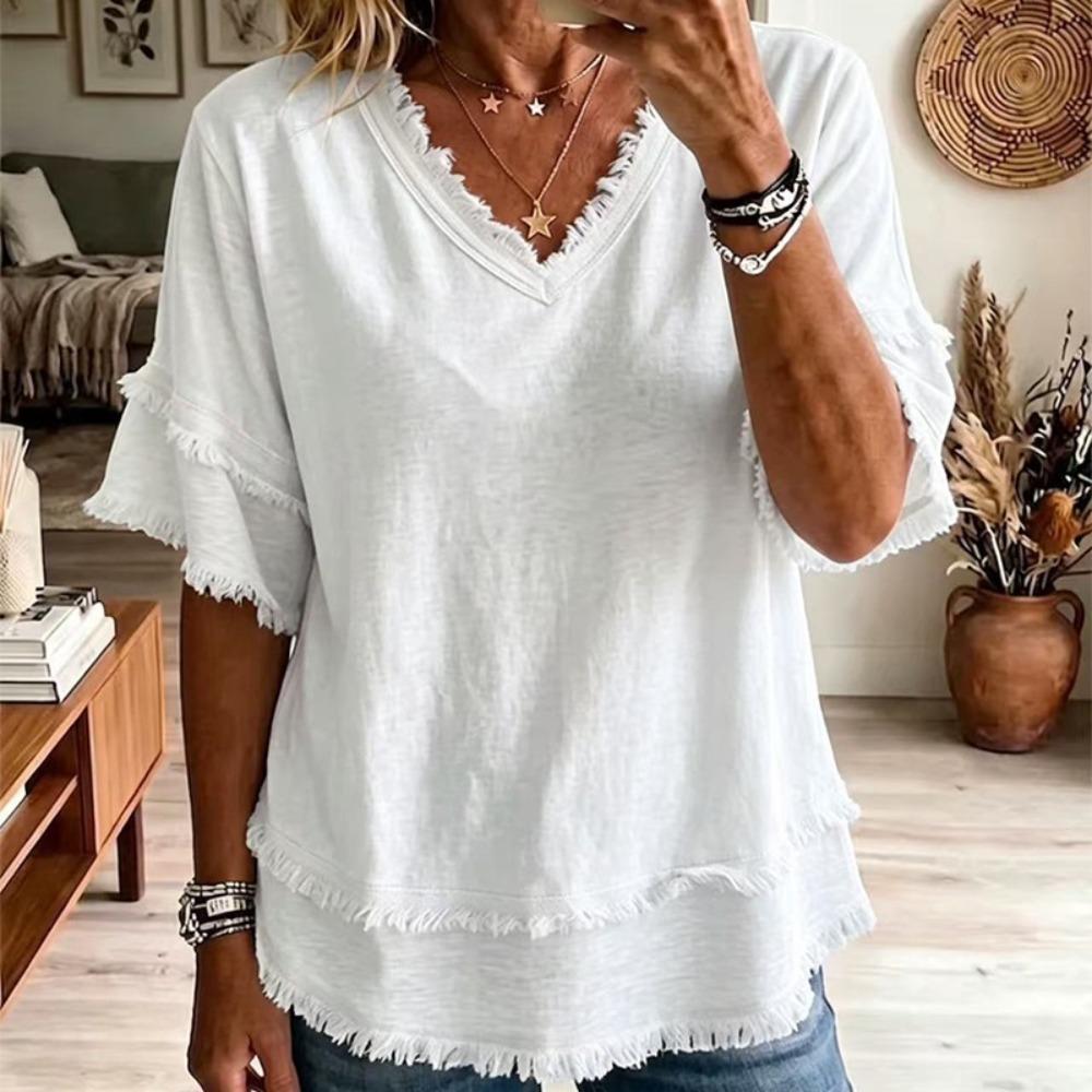 Women Summer Solid V-Neck Fringe Edge Loose Short Sleeve Casual T Shirt Top S