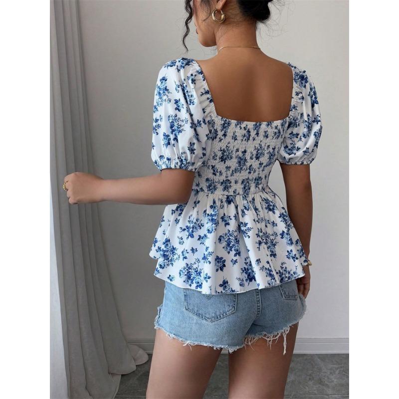 Summer New Women's Fresh and Sweet T-shirt Square Neck Puff Sleeve Floral Top