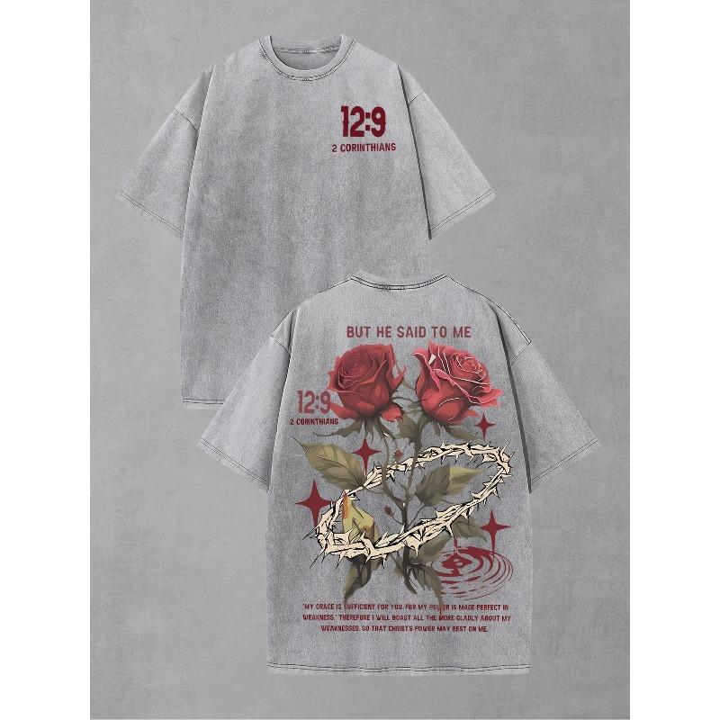 

Washed-2 Corinthians 12:9 Roses And Thorns Washed T-Shirt, Vintage Street Style Double-Sided Printed Pattern T-Shirt, Men S T-Shirt S серый