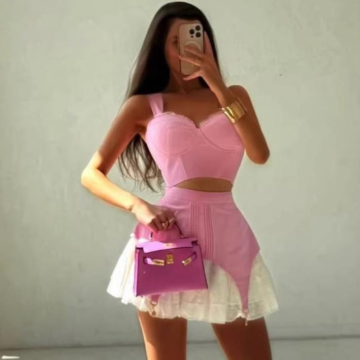 Cross-border European and American women s solid-color, slim-fit, versatile sleeveless strapless spaghetti strapless top, color-blocked patchwork S розовый