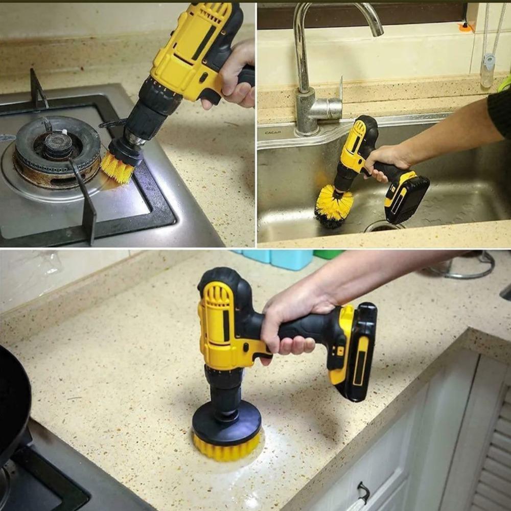 4pcs Yellow Electric Drill Cleaning Brush Car Detailing Drill Brush Set Floor Cleaning