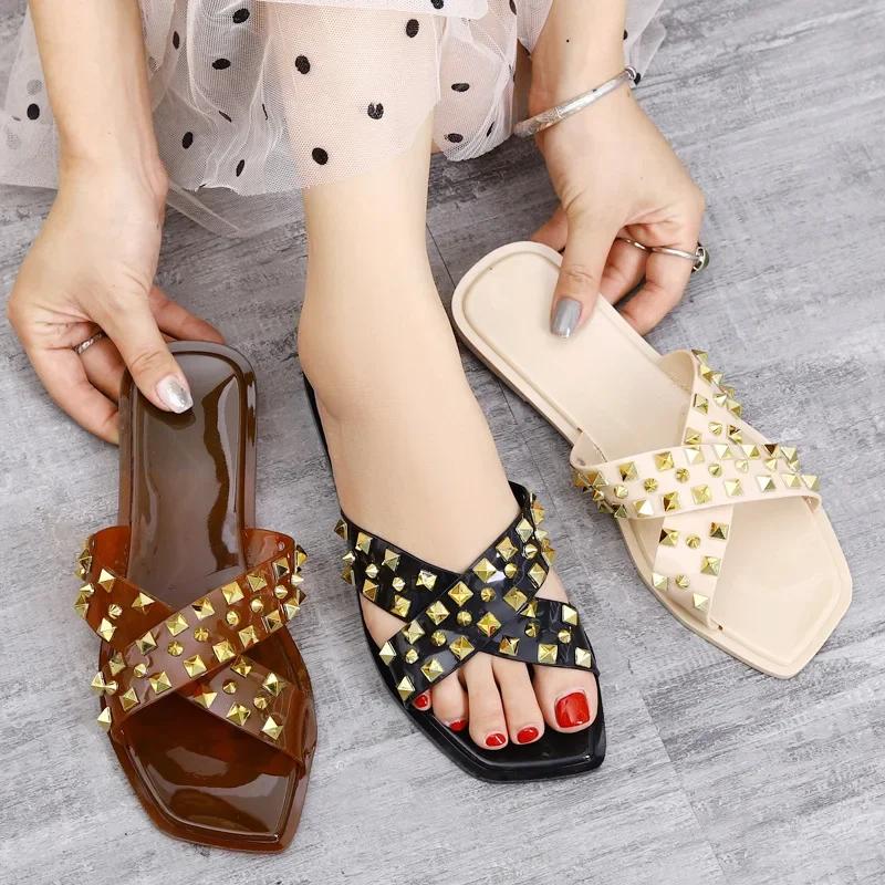 Summer Flip Flops for Women Studded Women's Sandals Cross Flat Slippers Girls Studded Beach Slippers Jelly Shoes 36-40